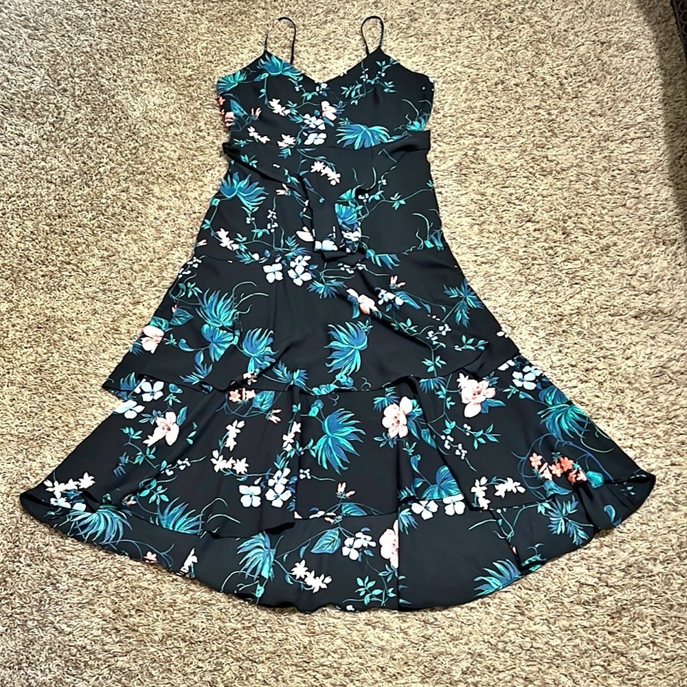 [Banana Republic]Black Floral Print Maxi Dress Hi-Lo Hem Swing Tiered Layered 10